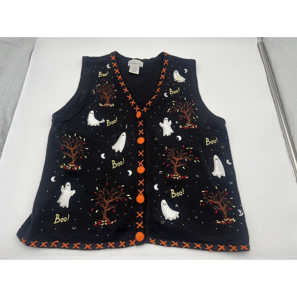 Vintage 90s Basic Editions embroidered Halloween Knit Sweater Vest Grannycore L